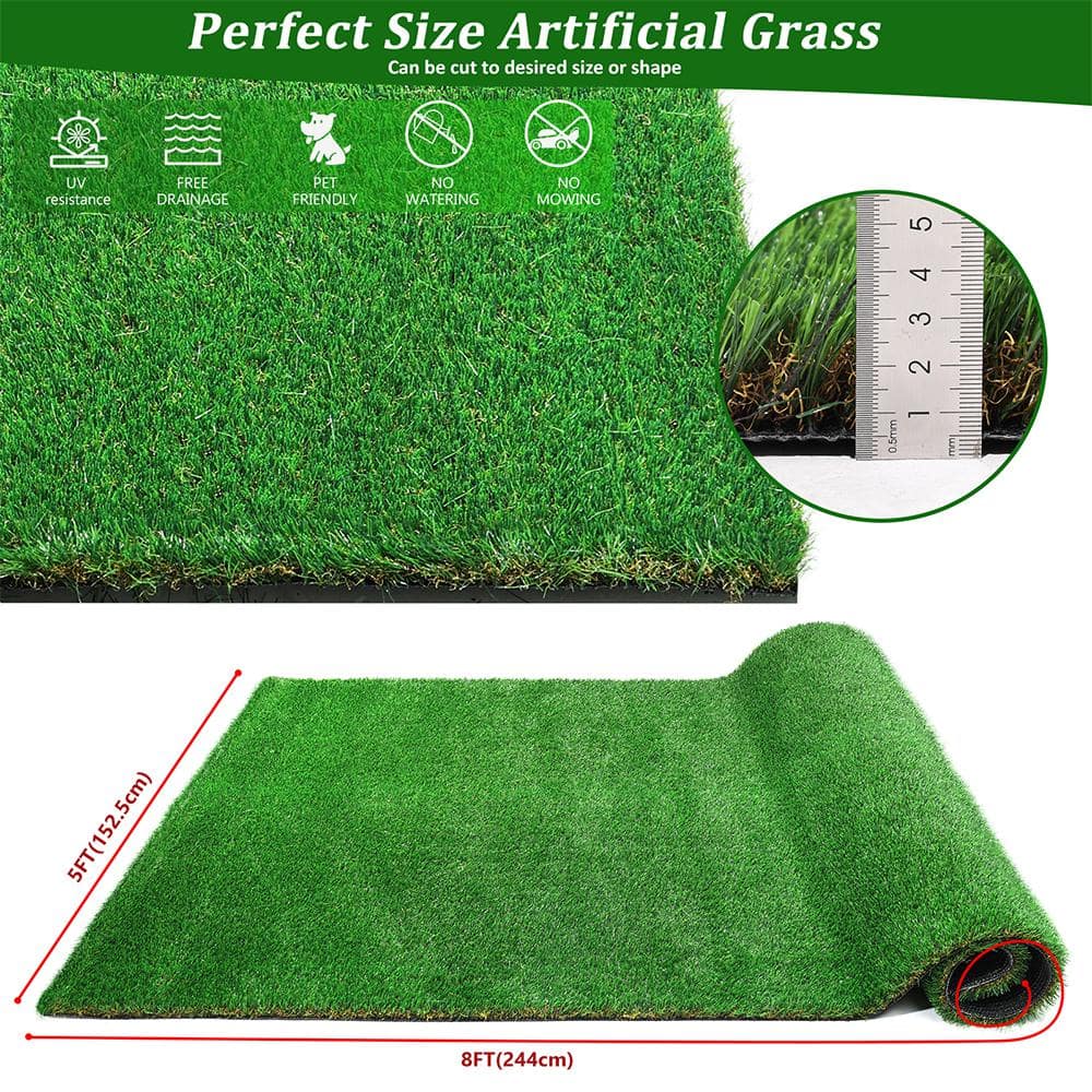 YOFE 5 ft. x 8 ft. Green Outdoor Artificial Grass Runner Rug Thick Realistic Artificial Turf Fake Grass 1.38 in. Pile Height