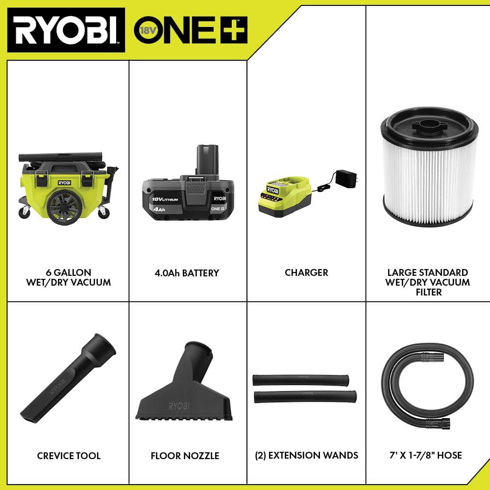 RYOBI ONE+ 18V Cordless 6 Gal. Wet Dry Vacuum Kit with 4.0 Ah Battery, Charger, and7 ft. x 1-7/8 in. Replacement Hose