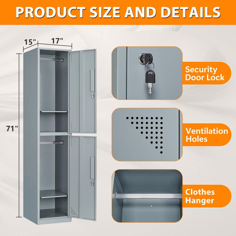 Mlezan Double Tier Metal Locker Cabinet with Doors and Keys in Grey School Gym Locker 17 in. D x 15 in. W x 71 in. H