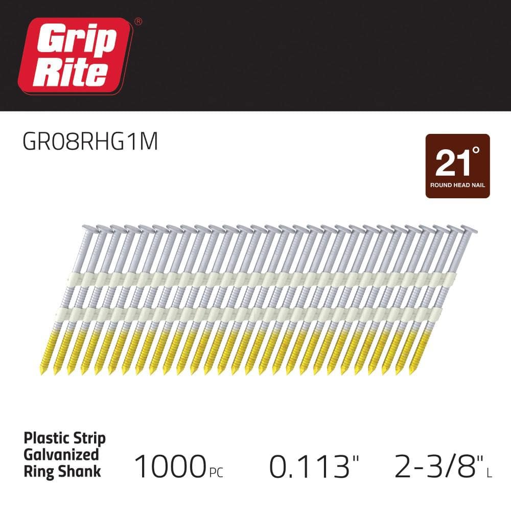 Grip-Rite 2-3/8 in. x 0.113 in. 21° Plastic Collated Exterior Galvanized Ring Shank Round Head Framing Nails (1000-Pack)