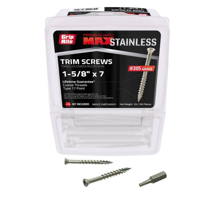 Grip-Rite #7 x 1-5/8 in. 305 Stainless Steel Star Drive Trim Head Wood Screws 1 lb. Box
