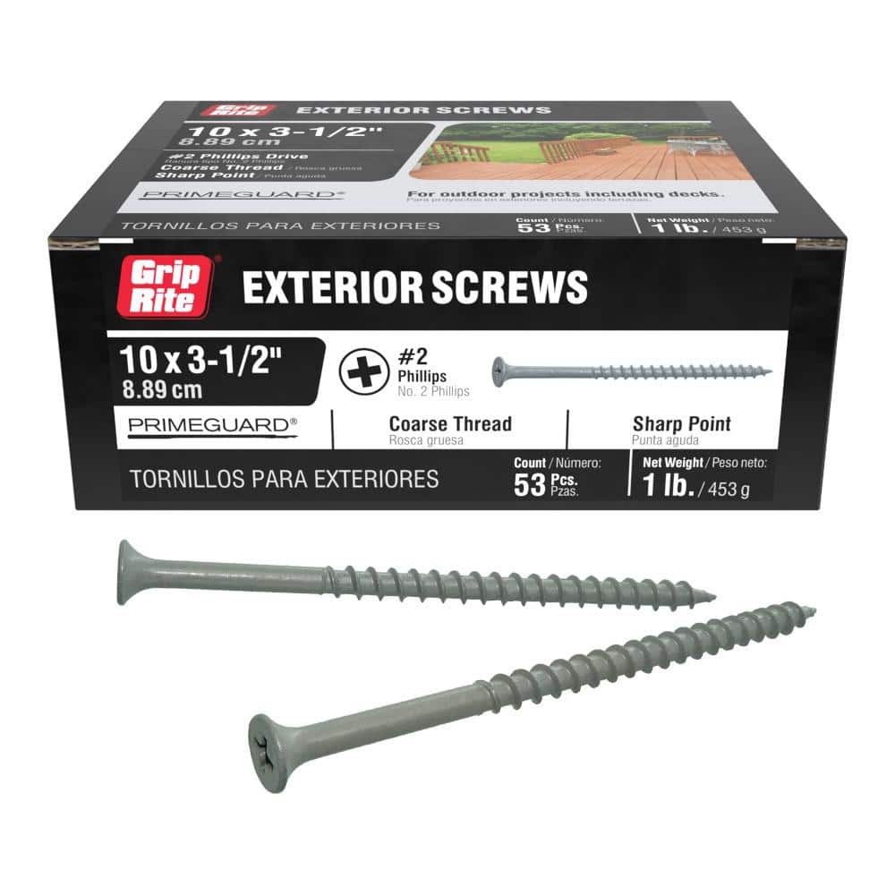 Grip-Rite #10 x 3-1/2 in. #2 Phillips Bugle Head Coarse Thread Sharp Point PrimeGuard Coated Exterior Wood Screws (1 lb. Box, ~53 Count)