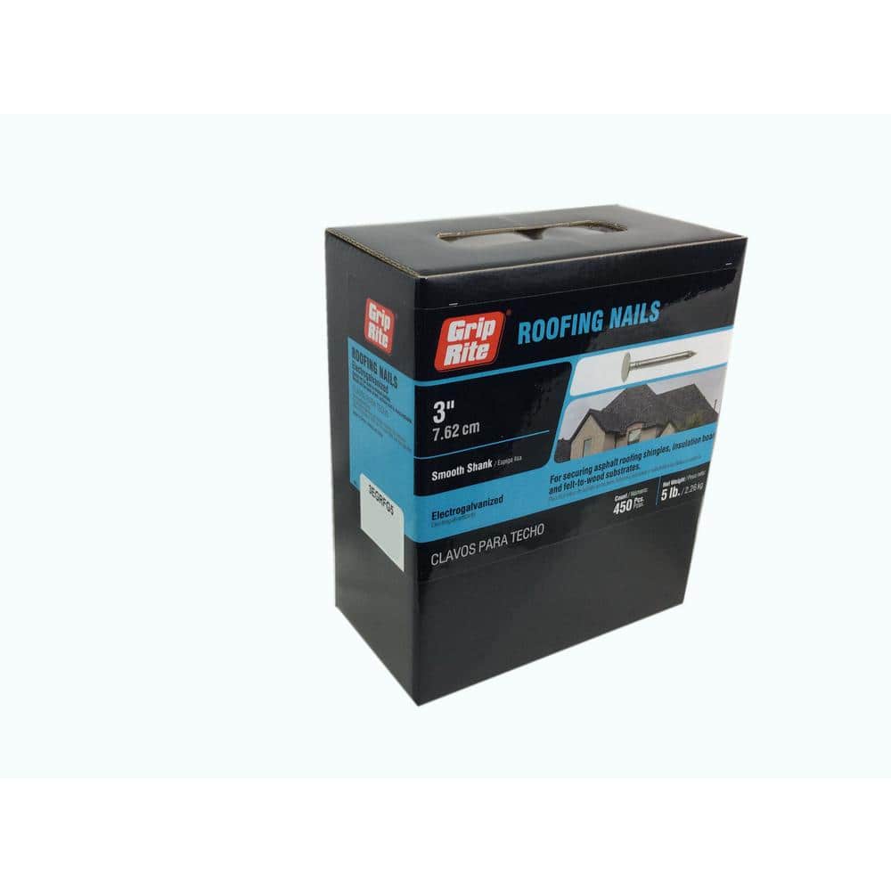 Grip-Rite 3 in. Electro-Galvanized Roofing Nails, Smooth Shank, 5 lb Box