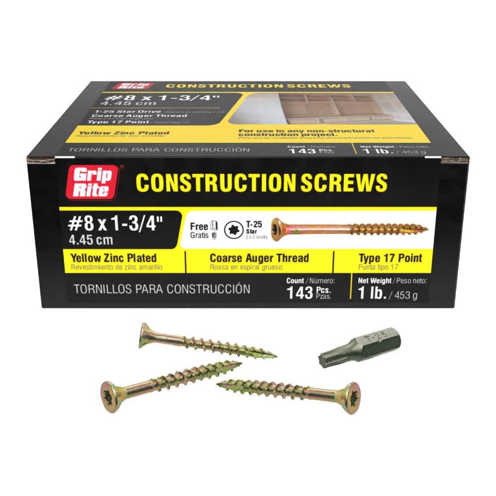 Grip-Rite #8 x 1-3/4 in. Phillips Bugle-Head Construction Screws, Yellow Zinc, 1 lb. Pack