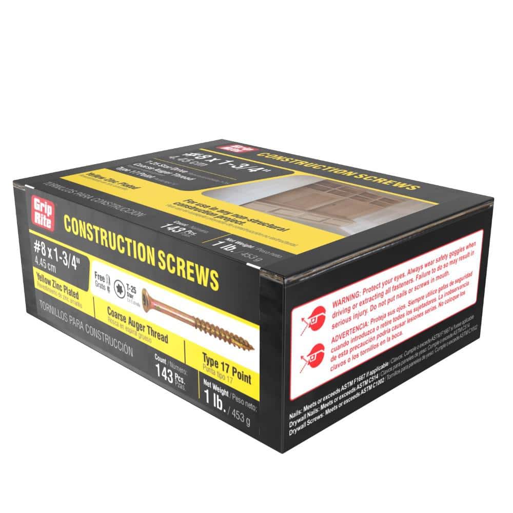 Grip-Rite #8 x 1-3/4 in. Phillips Bugle-Head Construction Screws, Yellow Zinc, 1 lb. Pack