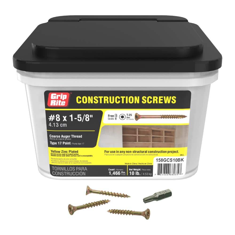 Grip-Rite #8 x 1-5/8 in. Phillips Bugle-Head Construction Screws, Yellow Zinc, 10 lb. Box (Approx. 1,466 pcs)