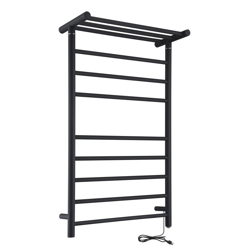 ANZZI Eve 8-Bar Matte Black Plug-In Wall Mounted Electric Towel Warmer with Top Shelf, 23.62 x 9.53 x 39.09 in