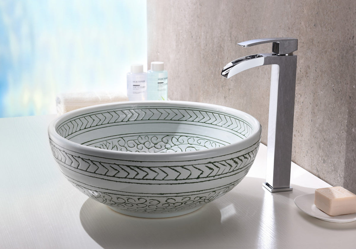 ANZZI Cadence Series 16.1-in Round Bathroom Vessel Sink, Décor White, Deco-Glass, Pop-Up Drain Included