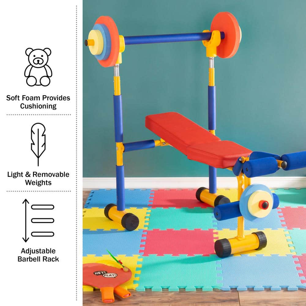Hey! Play! Toy Weight Bench Workout Equipment Set for Beginner Exercise, Weightlifting with Leg Press & Barbell-Easy Assembly