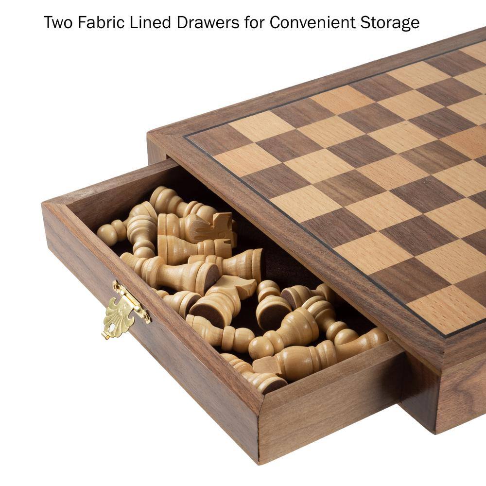 Hey! Play! Inlaid Walnut Style Magnetized Wood Chess Set with Staunton Wood Chessmen