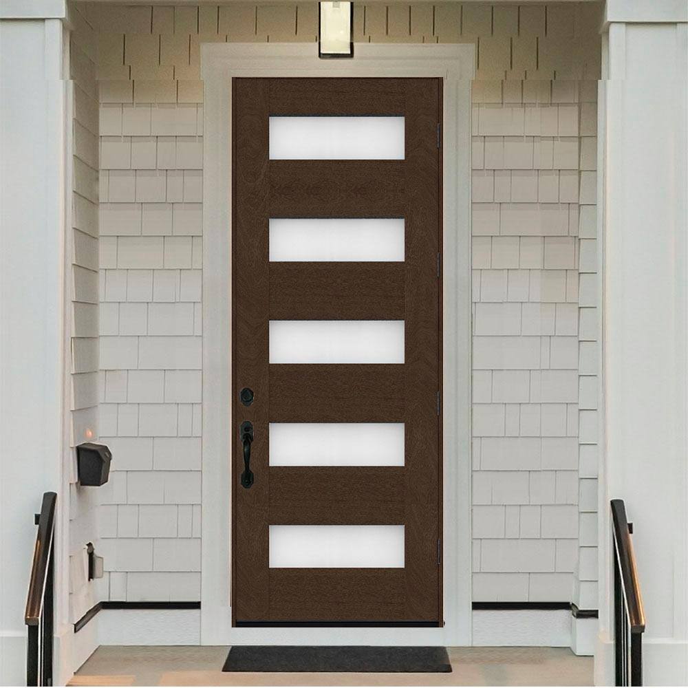 Steves & Sons Regency 36 in. x 96 in. 5L Modern LHOS Frosted Glass Hickory-Stained Fiberglass Prehung Front Door