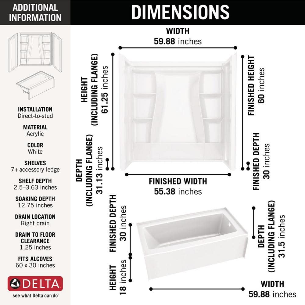 Delta Classic 500 60 in. x 30 in. Alcove Right-Drain Bathtub and 3-Piece Wall Surrounds, High Gloss White