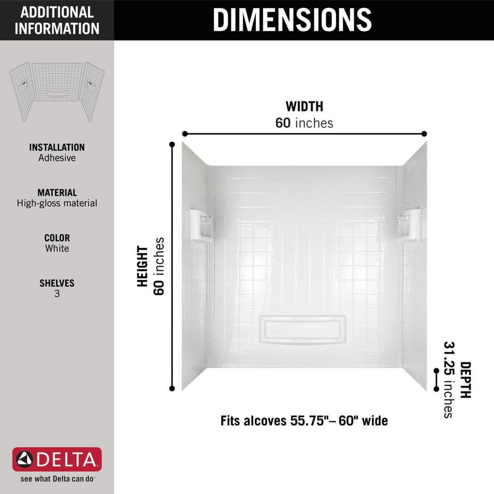 Delta Distinction 60 in. W x 60 in. H Three-Piece Glue-Up Tub Surround in High Gloss White