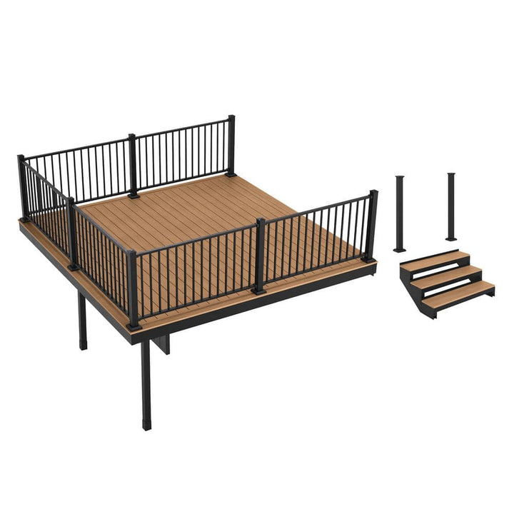 FORTRESS Apex Attached 12 ft. x 12 ft. Himalayan Cedar PVC Deck Kit and 3-Step Stair Kit with Steel Framing and Aluminum Railing
