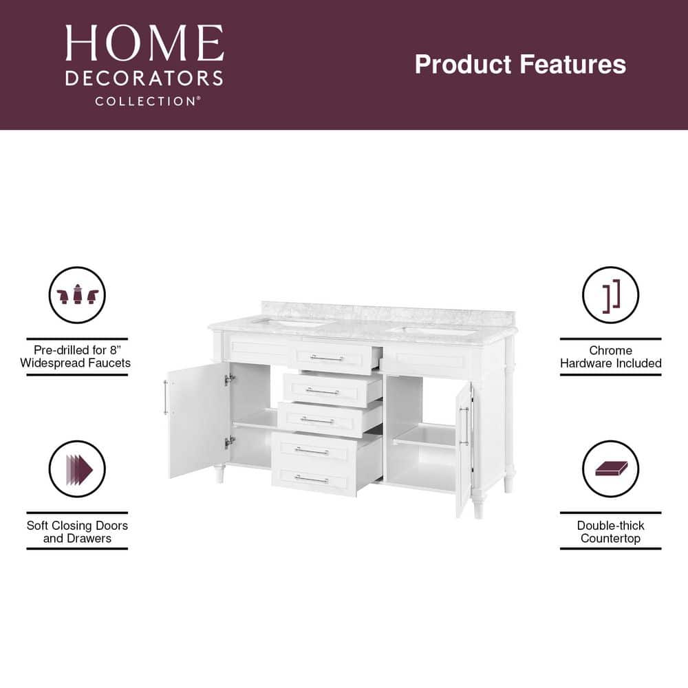 Eviva Aberdeen 60 in. W x 22 in. D x 35 in. H Double Bathroom Vanity in Espresso with White Carrara Marble Top and White Undermount Sinks