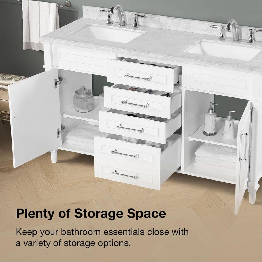 Eviva Aberdeen 60 in. W x 22 in. D x 35 in. H Double Bathroom Vanity in Espresso with White Carrara Marble Top and White Undermount Sinks