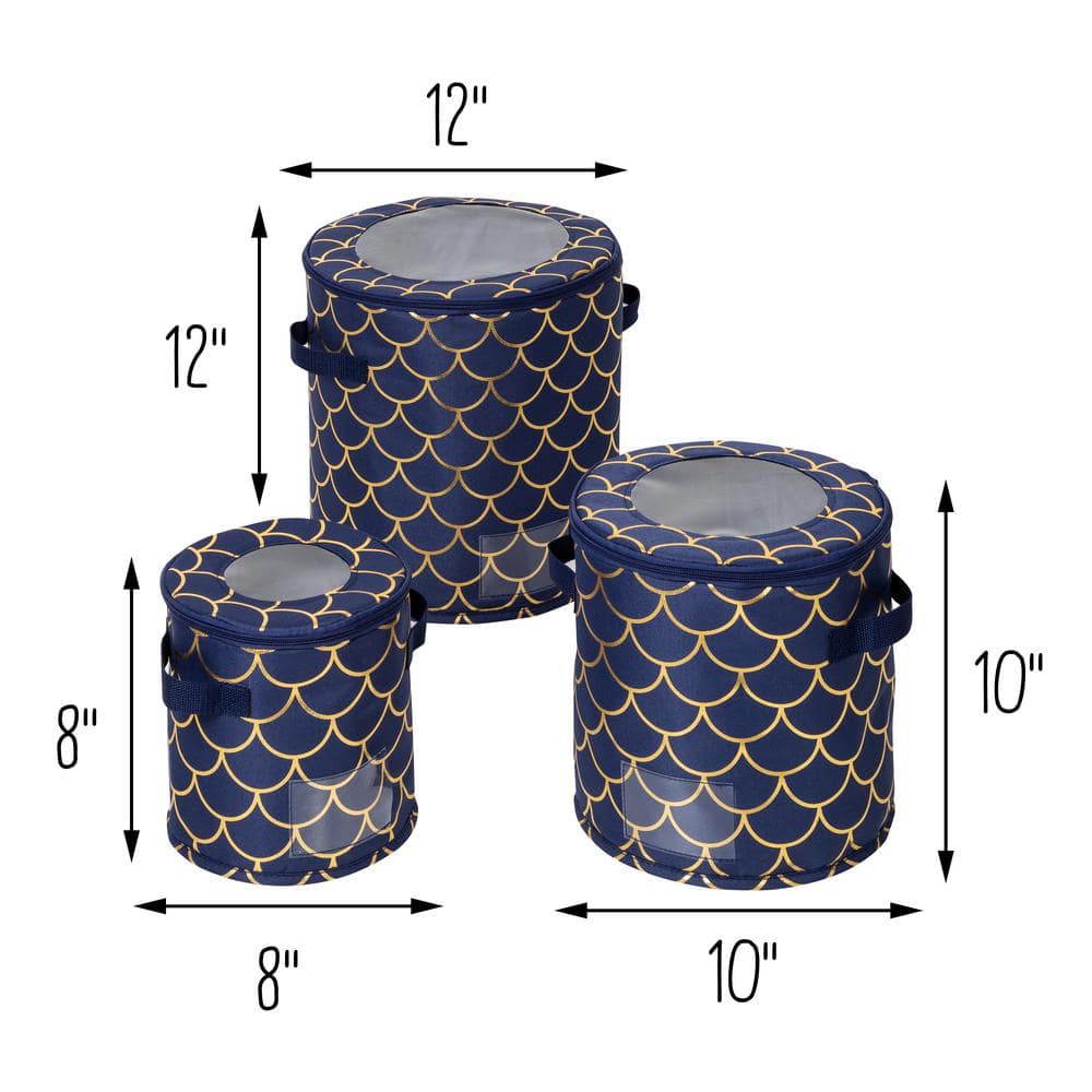 Honey-Can-Do Navy/Gold Scallop Set of 3 Round Dinnerware Storage Box