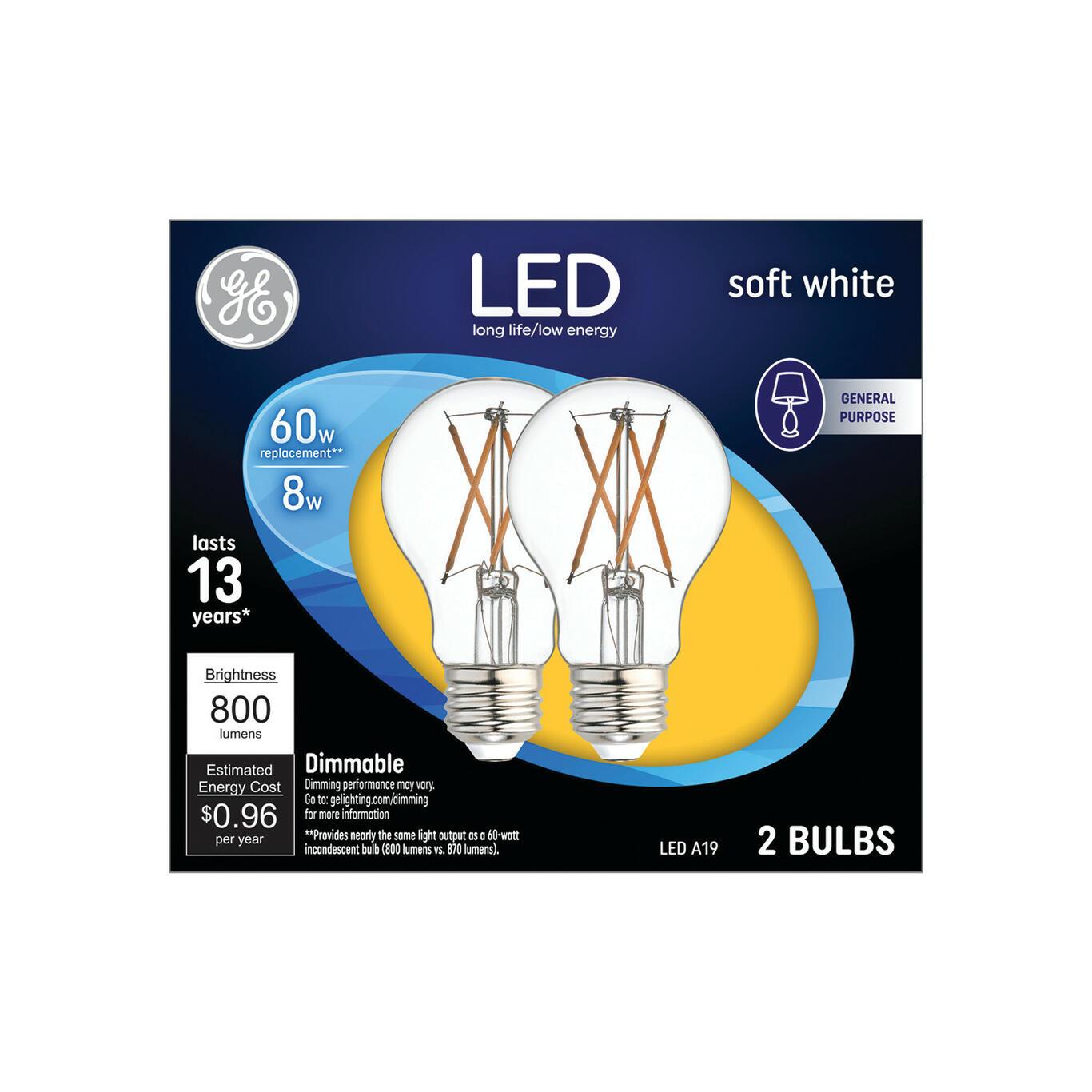 GE Classic LED A19 60W Replacement Soft White Dimmable Light Bulbs, 800 Lumens, Medium Base (2-Pack)