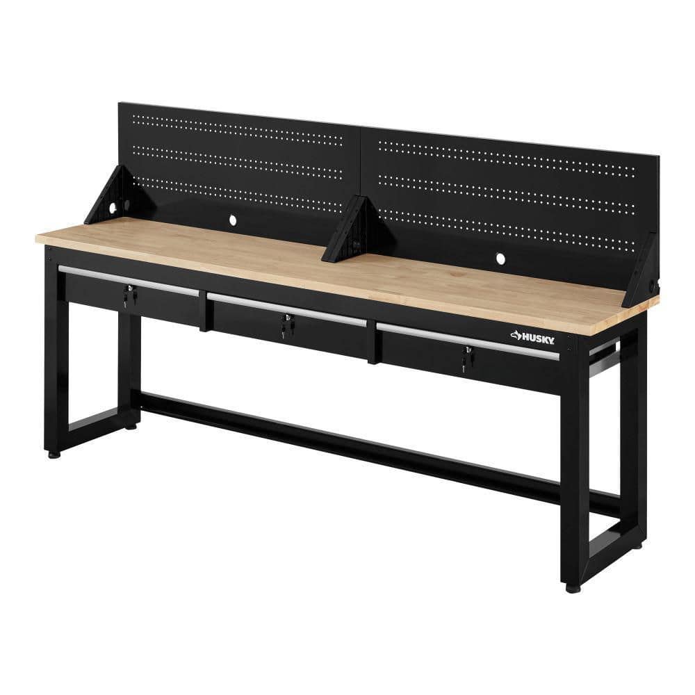 Husky Ready-To-Assemble 8 ft. Solid Wood Top Workbench with Pegboard and 3 Drawers, Black
