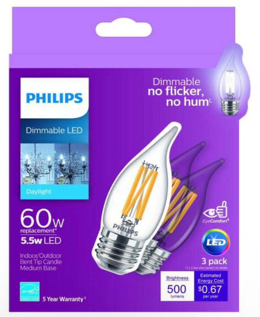 Philips 60-Watt Equivalent B11 Dimmable Edison LED Candle Light Bulb, Glass Bent Tip, Medium Base, Daylight 5000K (12-Pack)