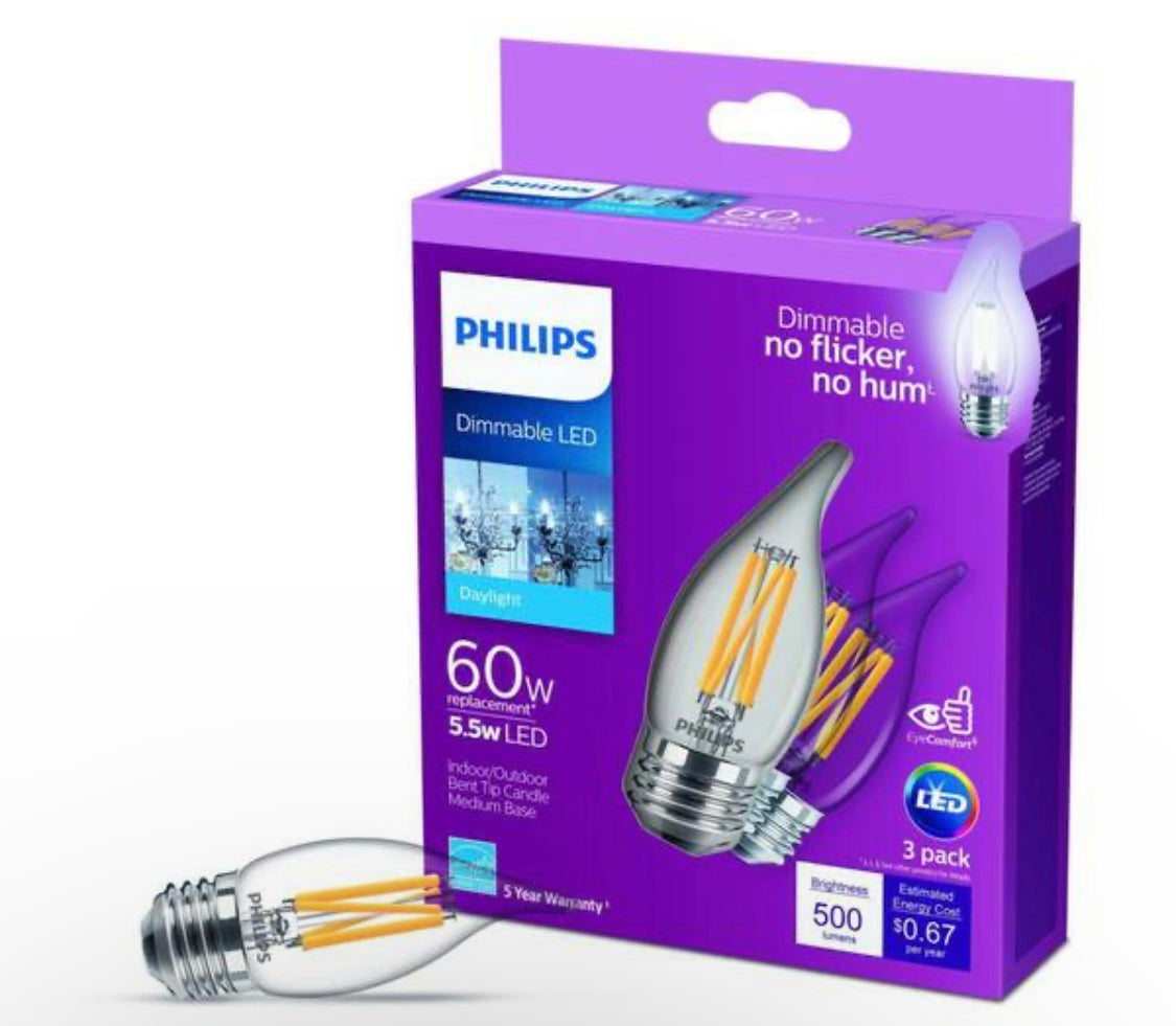 Philips 60-Watt Equivalent B11 Dimmable Edison LED Candle Bulb, Glass Bent Tip, E26 Medium Base, Daylight 5000K, 3-Pack
