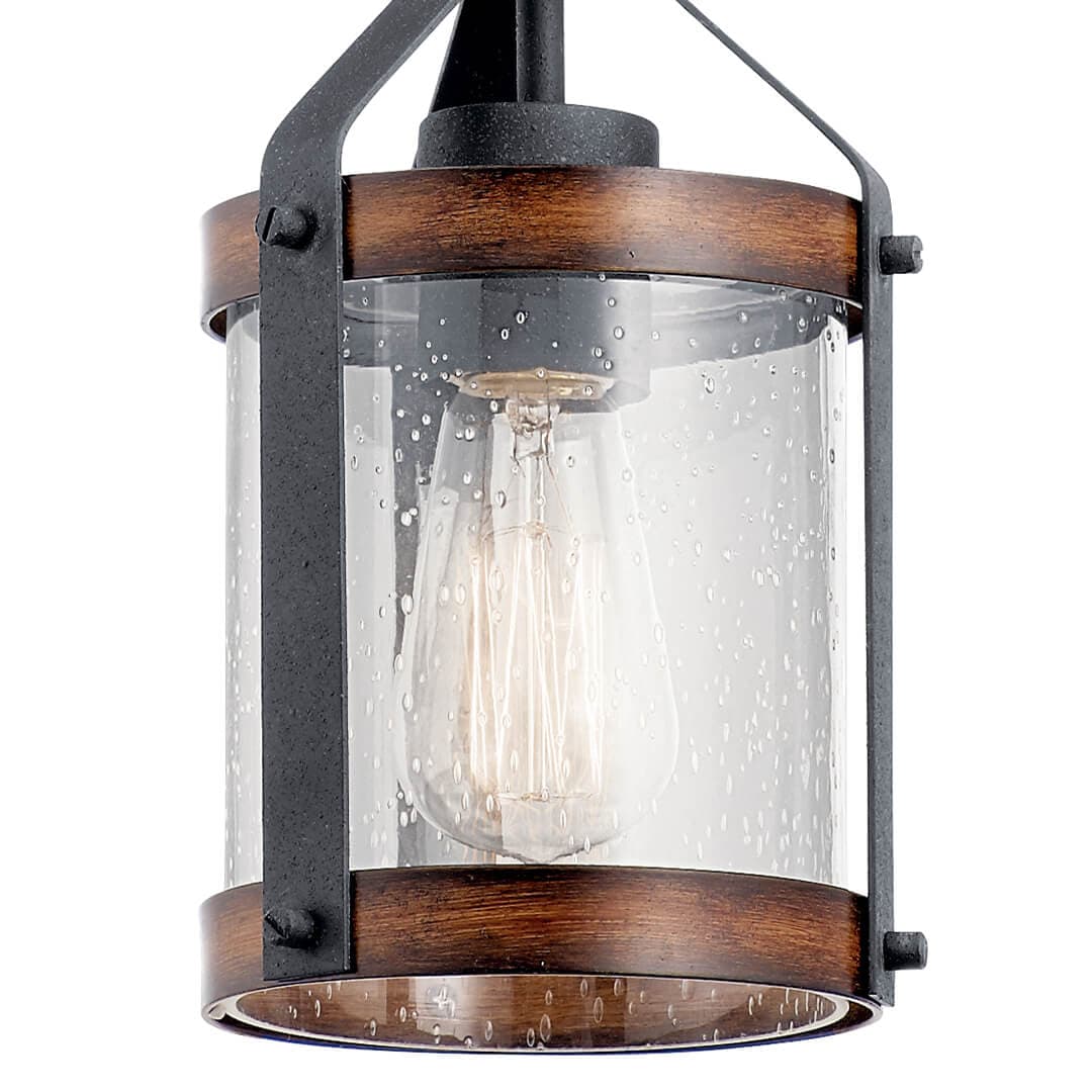 Kichler Barrington Distressed Black & Wood Rustic Seeded Glass Cylinder Mini Pendant Light, 10 in H x 5.5 in Dia