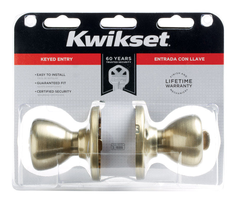 Kwikset Tylo Antique Brass Entry Knob, ANSI/BHMA Grade 3, Fits Doors to 1-3/4 in.