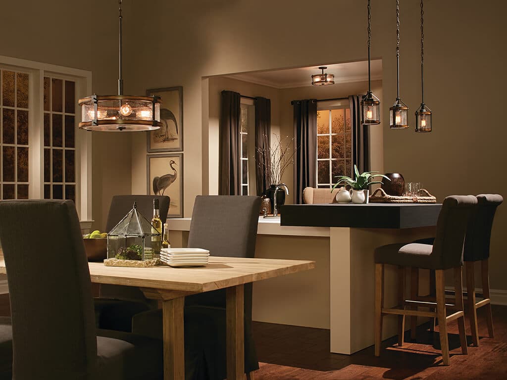 Kichler Barrington Distressed Black & Wood Rustic Seeded Glass Cylinder Mini Pendant Light, 10 in H x 5.5 in Dia
