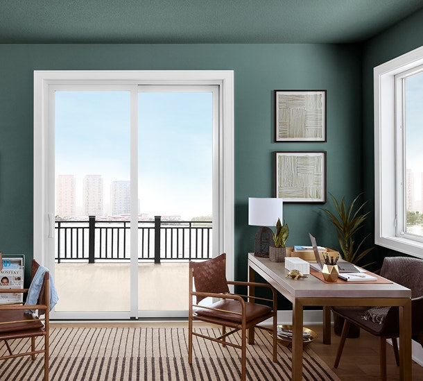 Pella Impervia Series 72-in x 80-in 4-9/16-in Low-E Argon Black Fiberglass Sliding Left-Hand Double Patio Door