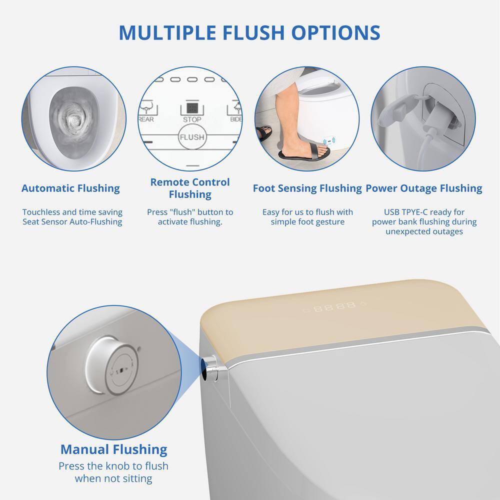 Relyblo Foot Sensing Elongated Bidet Toilet with Spa Spray - 1.27 GPF in Ivory Gold