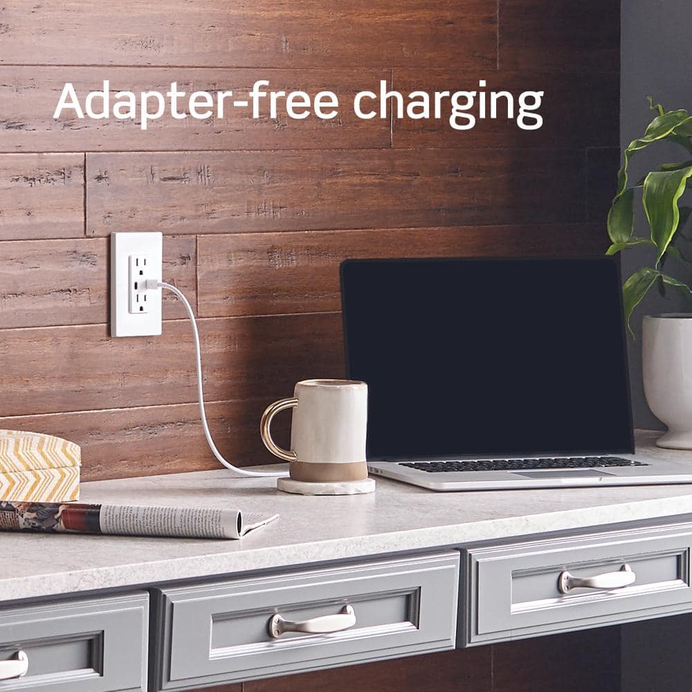 Leviton 3.6A USB Dual Type A In‑Wall Charger with 15 Amp Tamper-Resistant Outlets, Ivory