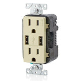 Leviton 3.6A USB Dual Type A In‑Wall Charger with 15 Amp Tamper-Resistant Outlets, Ivory