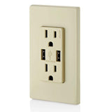 Leviton 3.6A USB Dual Type A In‑Wall Charger with 15 Amp Tamper-Resistant Outlets, Ivory