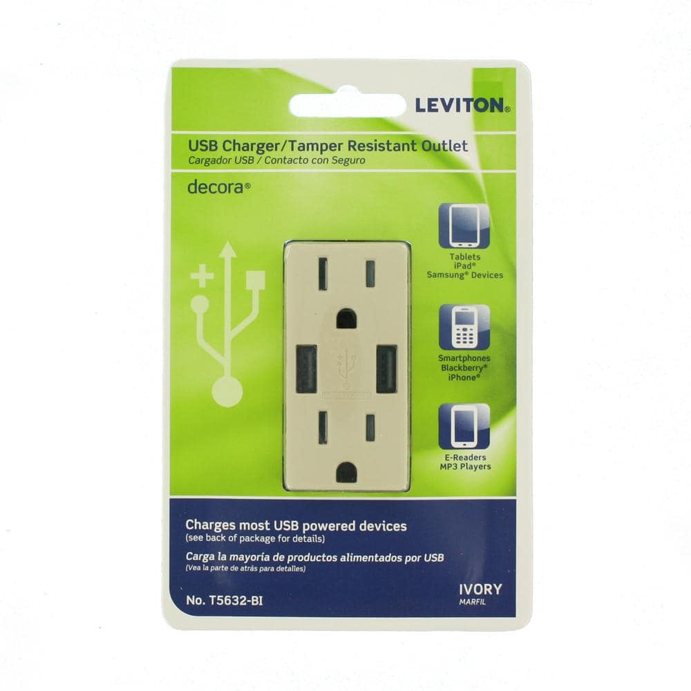 Leviton 3.6A USB Dual Type A In‑Wall Charger with 15 Amp Tamper-Resistant Outlets, Ivory