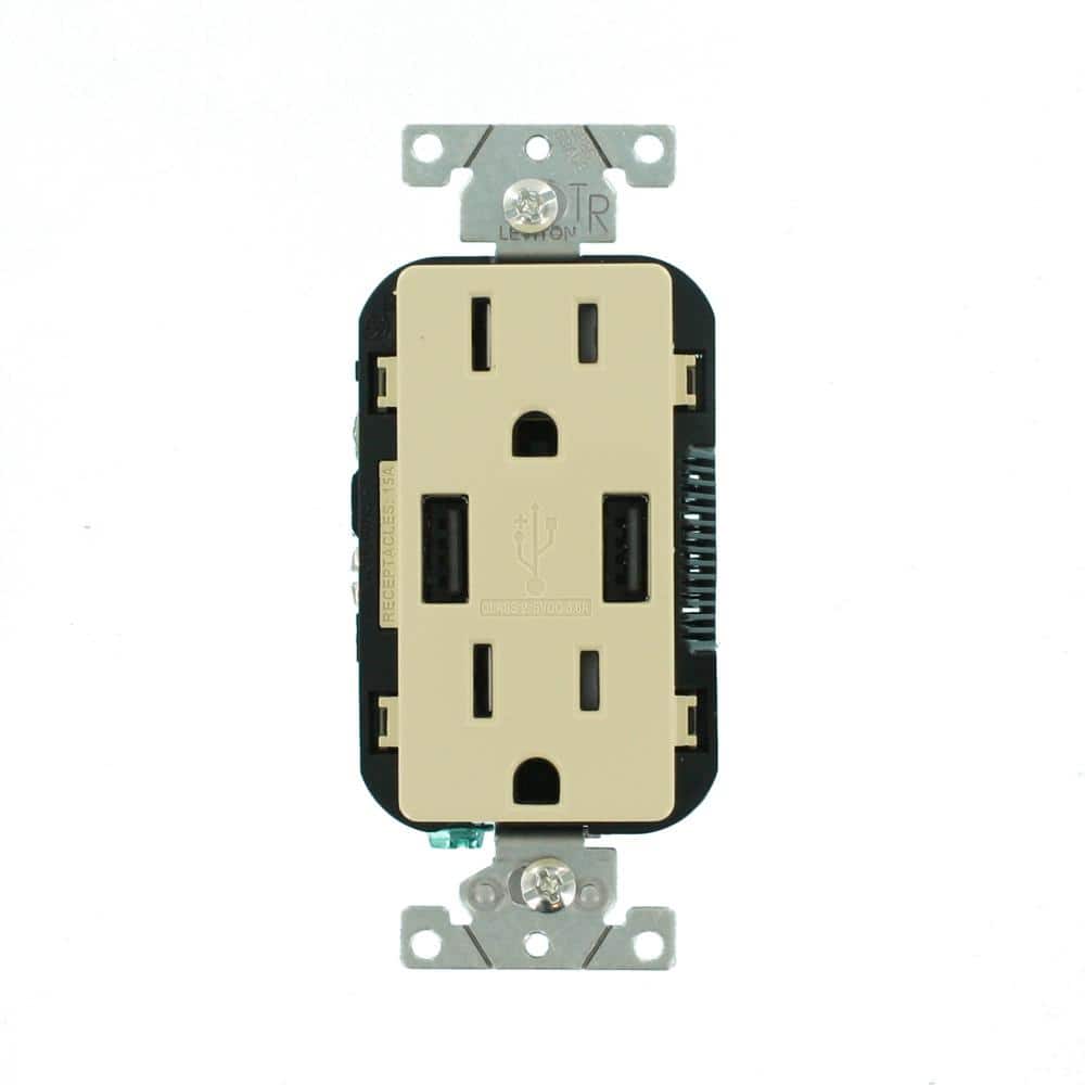 Leviton 3.6A USB Dual Type A In‑Wall Charger with 15 Amp Tamper-Resistant Outlets, Ivory