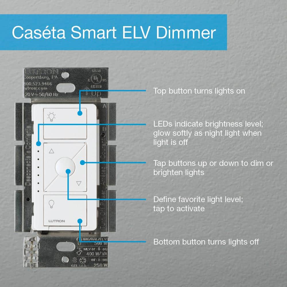 Lutron Caseta Smart Lighting Dimmer Switch for ELV Bulbs, 250W LED Bulbs, Ivory (PD-5NE-IV)