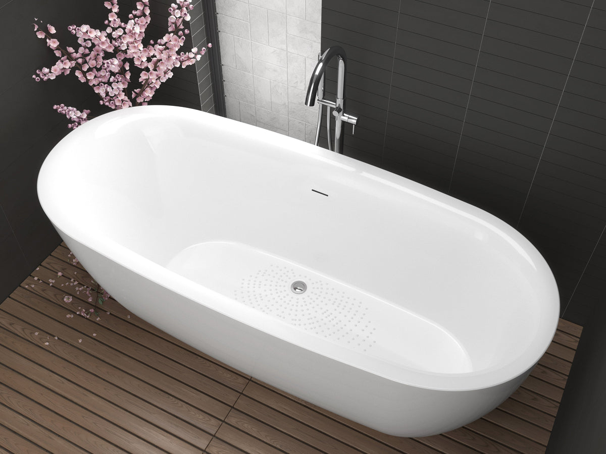 ANZZI Ami 67 in. Acrylic Flatbottom Freestanding Bathtub, Glossy White, Center Drain