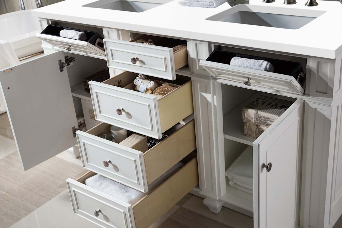 James Martin Vanities Bristol 60" Free Standing Double Basin Vanity Set, Saddle Brown Wood Cabinet with 3cm White Zeus Quartz Top