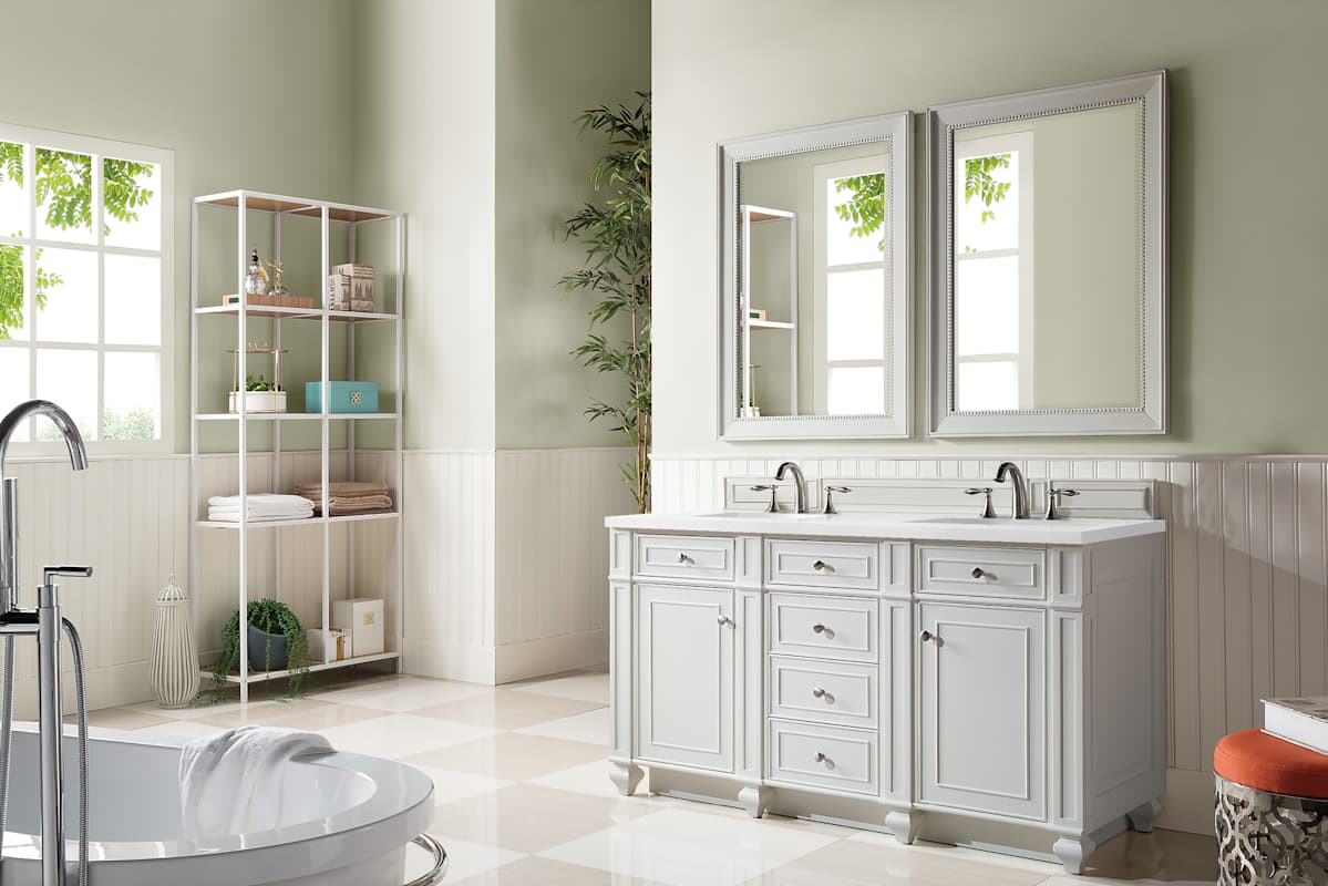 James Martin Vanities Bristol 60" Free Standing Double Basin Vanity Set, Saddle Brown Wood Cabinet with 3cm White Zeus Quartz Top