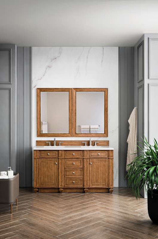 James Martin Vanities Bristol 60" Free Standing Double Basin Vanity Set, Saddle Brown Wood Cabinet with 3cm White Zeus Quartz Top