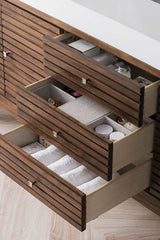 James Martin Vanities Linear 72" Double Basin Wood Vanity Set with USB/Electrical Outlet and Glossy White Solid Surface Top – Whitewashed Walnut