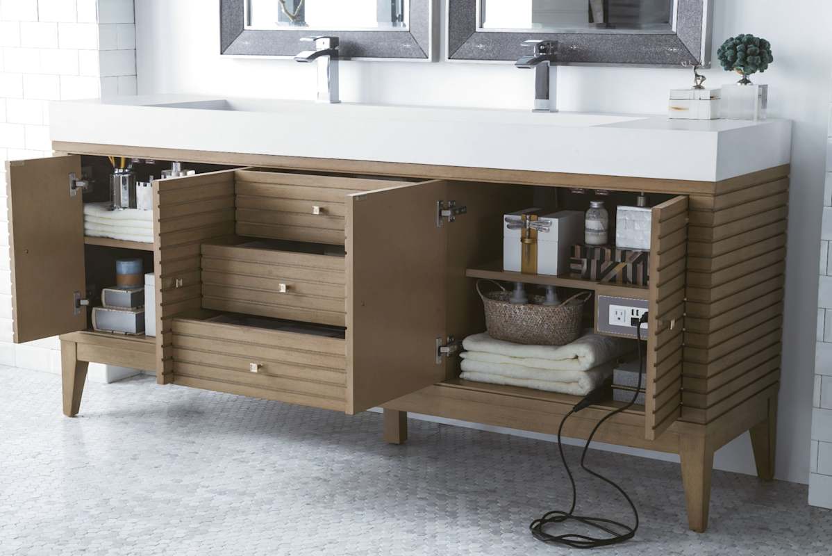 James Martin Vanities Linear 72" Double Basin Wood Vanity Set with USB/Electrical Outlet and Glossy White Solid Surface Top – Whitewashed Walnut