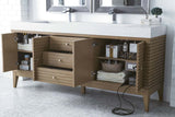 James Martin Vanities Linear 72" Double Basin Wood Vanity Set with USB/Electrical Outlet and Glossy White Solid Surface Top – Whitewashed Walnut