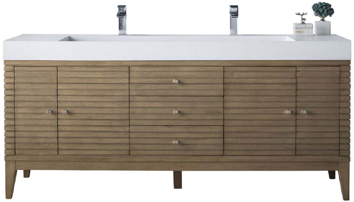 James Martin Vanities Linear 72" Double Basin Wood Vanity Set with USB/Electrical Outlet and Glossy White Solid Surface Top – Whitewashed Walnut