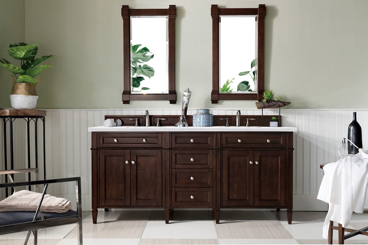 James Martin Vanities Brittany 72" Double Basin Poplar Wood Vanity Set with 3 cm Arctic Fall Solid Surface Top, Rectangular Undermount Sinks – Smokey Celadon