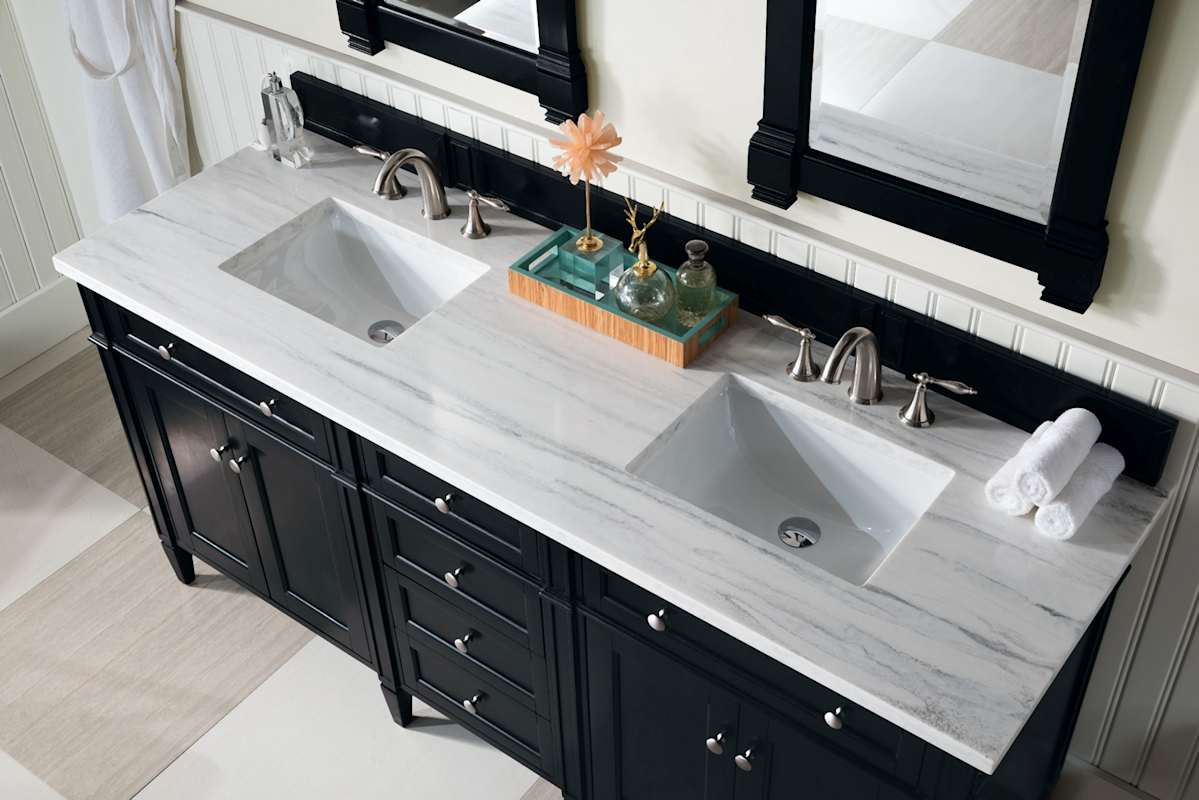 James Martin Vanities Brittany 72" Double Basin Poplar Wood Vanity Set with 3 cm Arctic Fall Solid Surface Top, Rectangular Undermount Sinks – Smokey Celadon