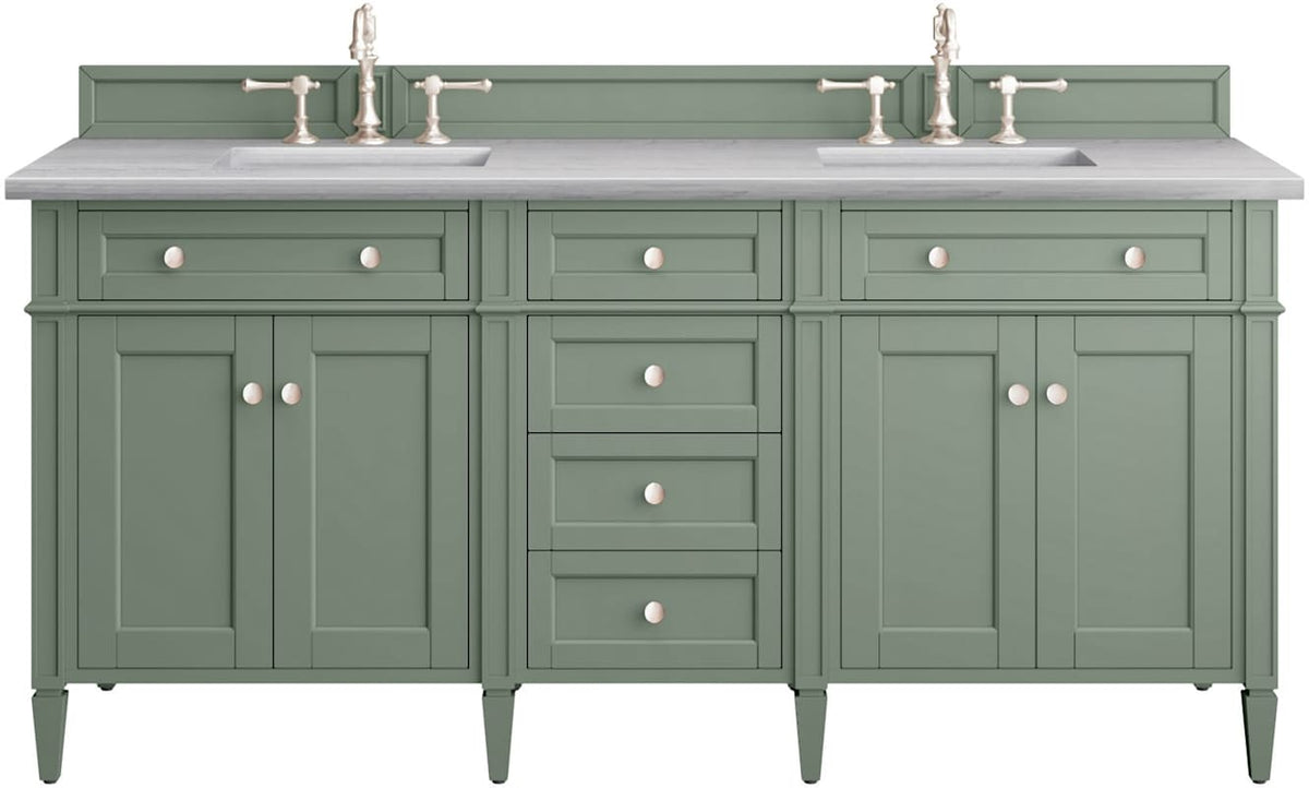 James Martin Vanities Brittany 72" Double Basin Poplar Wood Vanity Set with 3 cm Arctic Fall Solid Surface Top, Rectangular Undermount Sinks – Smokey Celadon