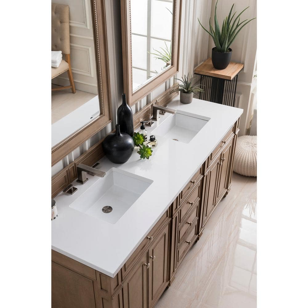 James Martin Vanities Bristol 72-inch Whitewashed Walnut Bathroom Vanity with White Zeus Quartz Top