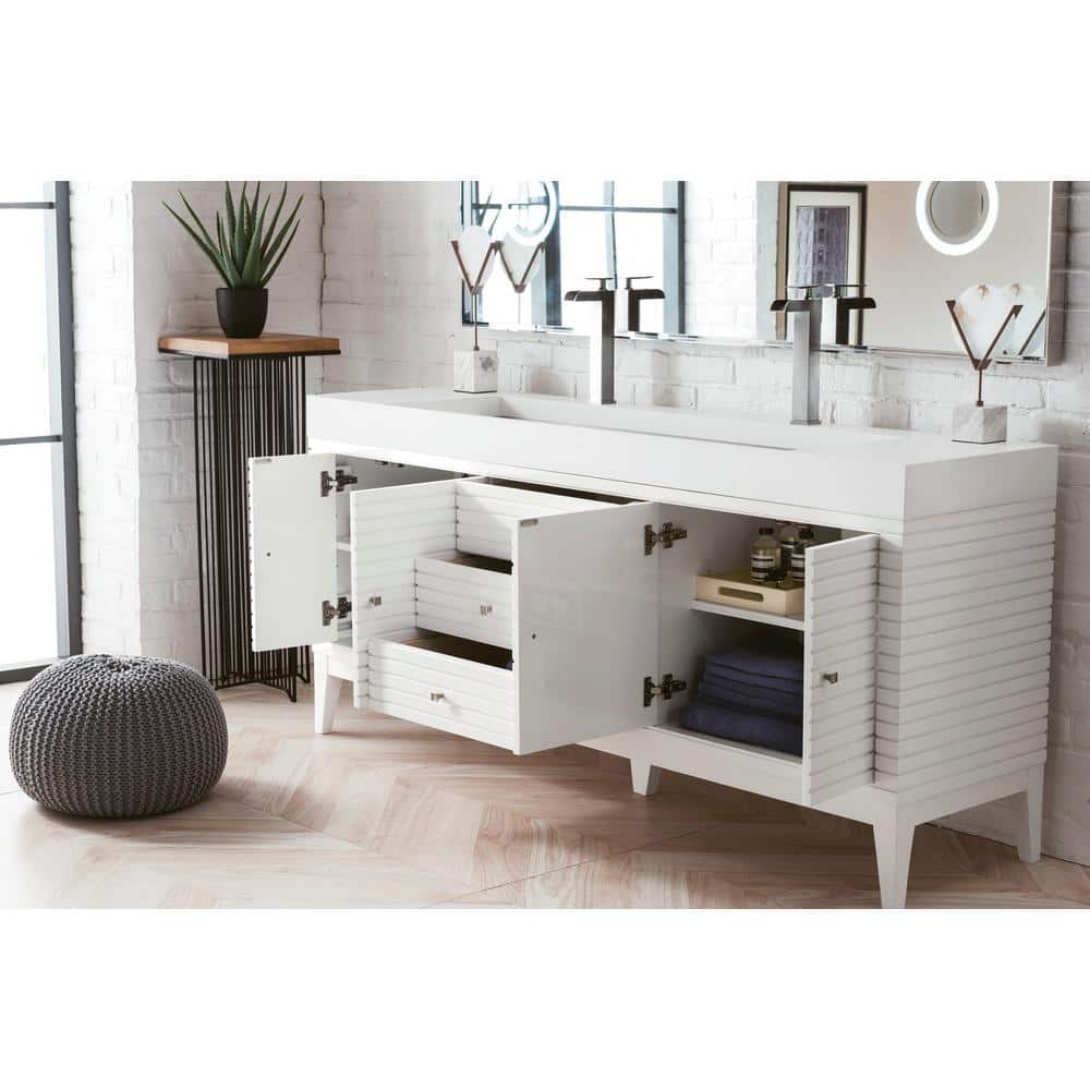 James Martin Vanities Linear 72.5" Double Bath Vanity in Glossy White with Solid Surface Top