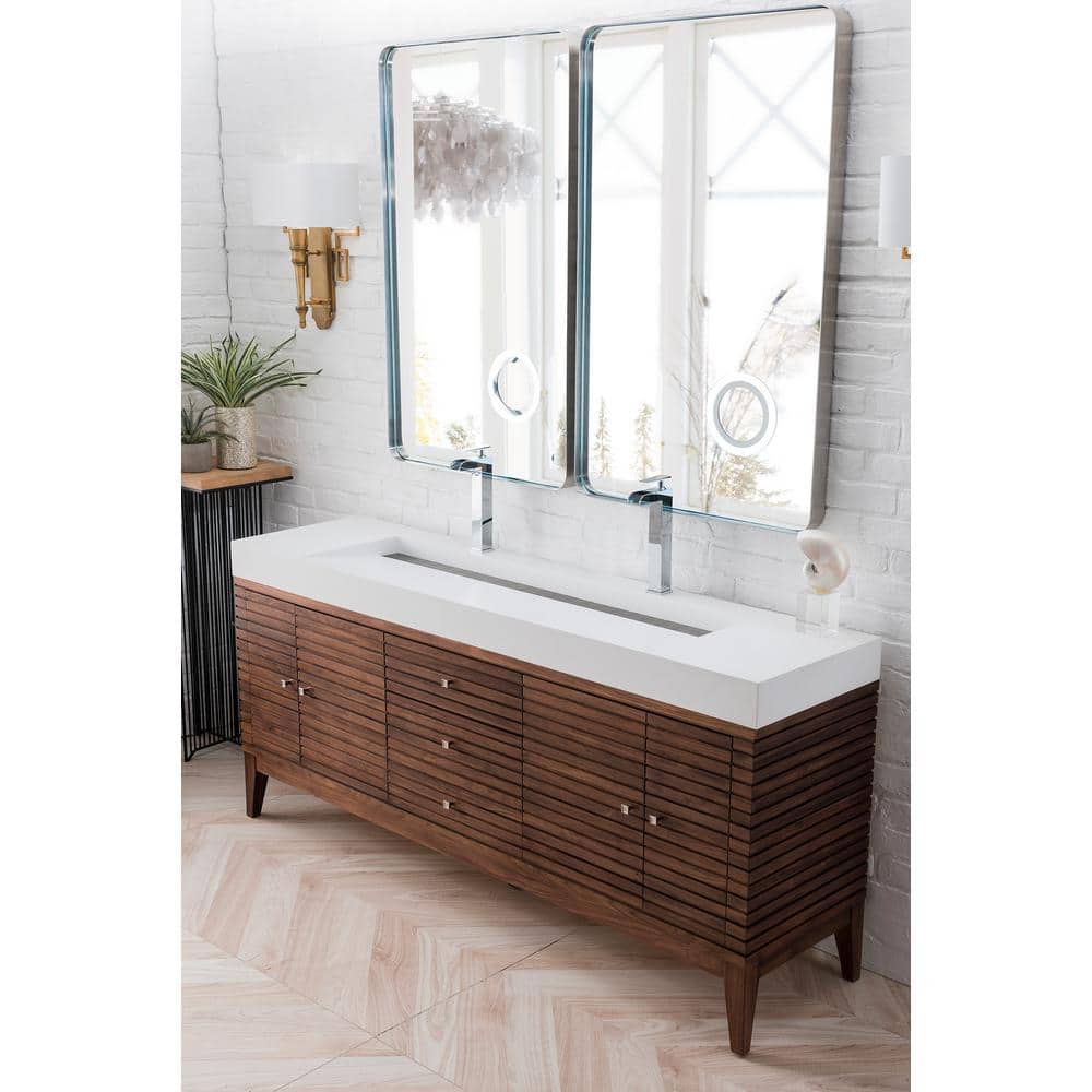 James Martin Vanities Linear Double Bath Vanity, 72.5 in., Walnut Finish, Glossy White Top